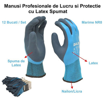 Mănuși de Lucru și Protecție Profesionale NR.8 cu Latex Spumat – Set de 12buc pentru Utilizare Industrială și Activități Manuale