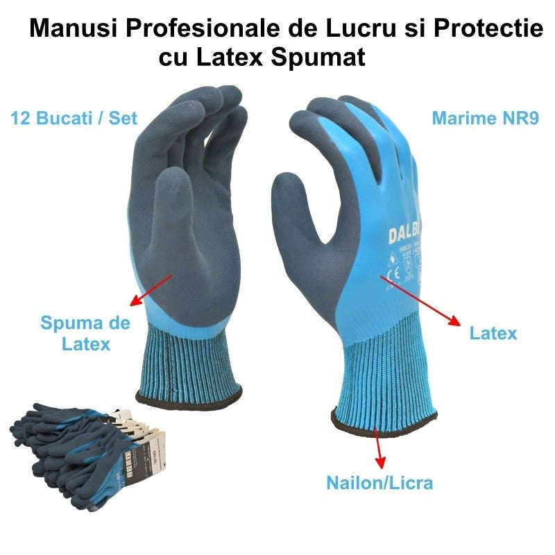Mănuși de Lucru și Protecție Profesionale cu Latex Spumat NR.9 – Set de 12 Bucăți pentru Construcții, Industrie și Lucrări Manuale