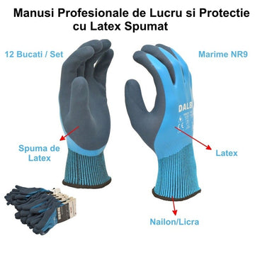 Mănuși de Lucru și Protecție Profesionale cu Latex Spumat NR.9 – Set de 12 Bucăți pentru Construcții, Industrie și Lucrări Manuale