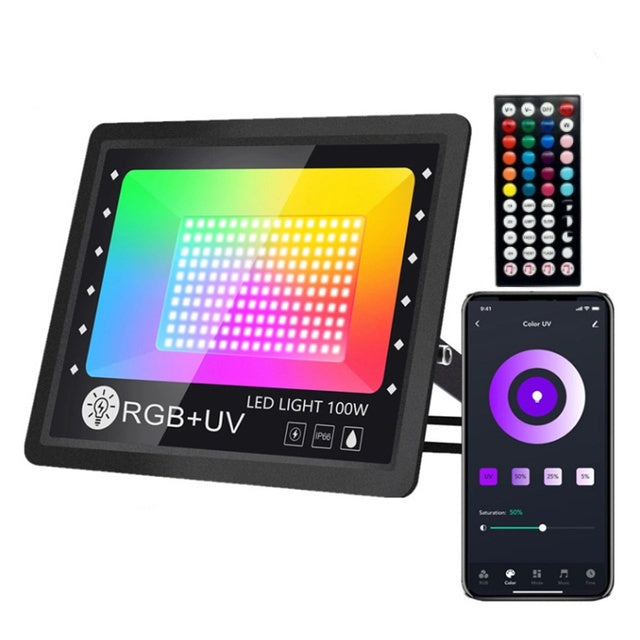 Smart RGBCW LED Projector, Application, UV Light, Indoor/Outdoor, Waterproof, Internet Phone Control, Music Sync, Remote Control, Light Programming Mode, 100W, Black