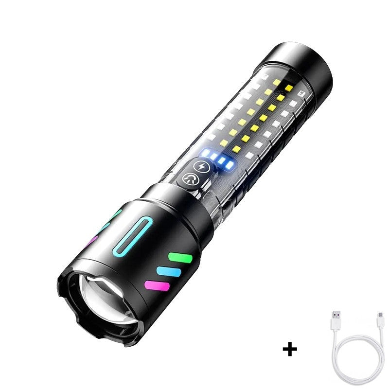 Lanterna Profesionala cu Led, Fascicule Luminoase in Intuneric, Incarcare Type-C, Acumulatori Inclusi, 5 Moduri de Iluminare, Afisaj Baterie, Distanta de Iluminare 500M, Perfecta Pentru Pescuit, Protectie, Camping si Vanatoare, 20cm, Negru