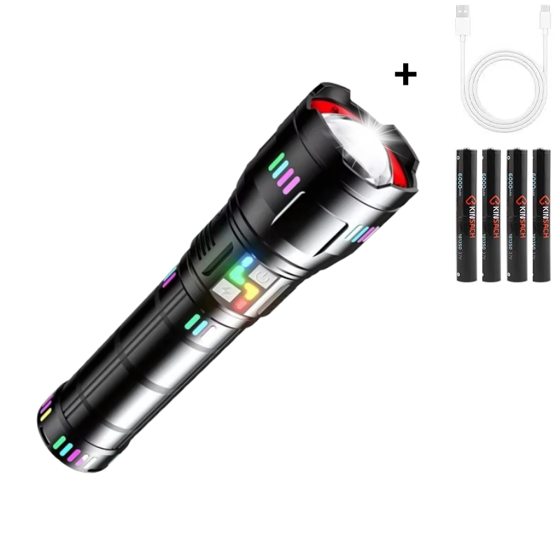 Lanterna Profesionala Model 2025 cu Led, Incarcare Type-C, 4 Acumulatori Inclusi, Afisaj Baterie, Distanta de Iluminare 1500M, Perfecta Pentru Pescuit, Protectie, Camping si Vanatoare, 27cm, Negru