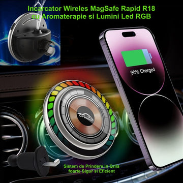 Suport Auto Magnetic cu Încărcare Wireless 20W și Funcție de Aromaterapie – Suport pentru Telefon în Mașină, Ușor de Utilizat