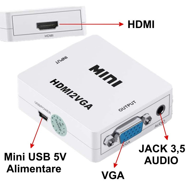 Convertor Video Mini HDMI la VGA 1080P cu Audio – Adaptator HDMI-VGA HDV-630 pentru Proiectoare, Monitoare și Telefoane