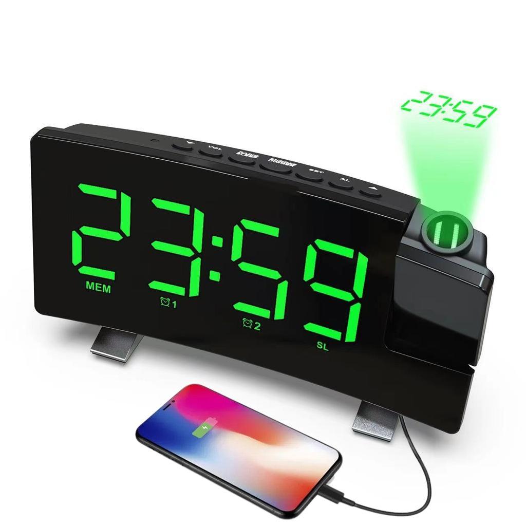 Ceas Digital cu Radio si Proiectie Pana la 5M Inaltime Verde, Rotire la 180°, Alarma, Port Incarcare USB, Temperatura, Ecran LED, 2 Niveluri de Luminozitate, Negru - Ceasuri Moderne