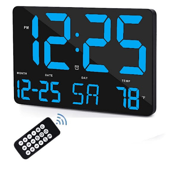 Ceas Digital de Masa si de Perete cu Lumina Led Albastru, Calendar, Temperatura, Alarma, Termometru, Functie Snooze, Luminozitate Adjustabila, 25x16cm - Frize