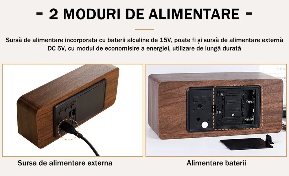 Ceas Electronic de Masa cu Led Alb, Termometru, Alarma, Control Vocal, 3 Trepte de Lumina, 15x7x4 cm, Negru - Frize