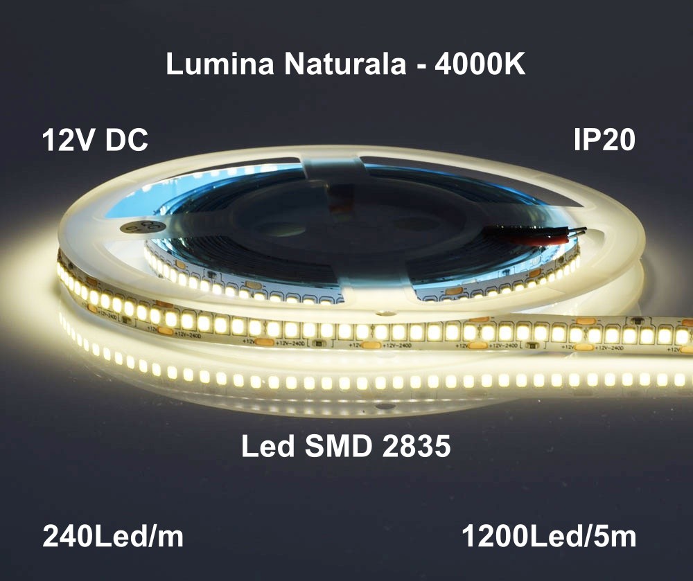 Banda Led 12V Interior IP20- 240led/m, Alb-Natural 4000K, Rola/5m - Frize