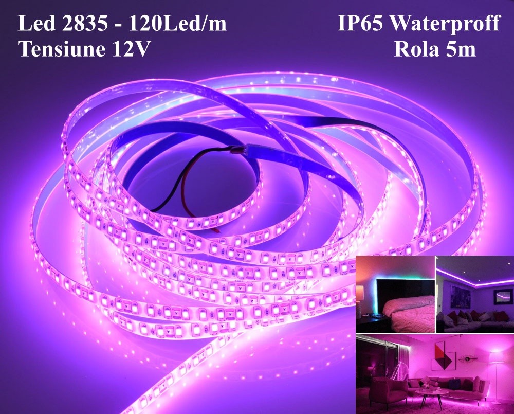 Banda Led 2835 - Roz-Pink 120led/m, EX-IP65 Rola/5m - Frize