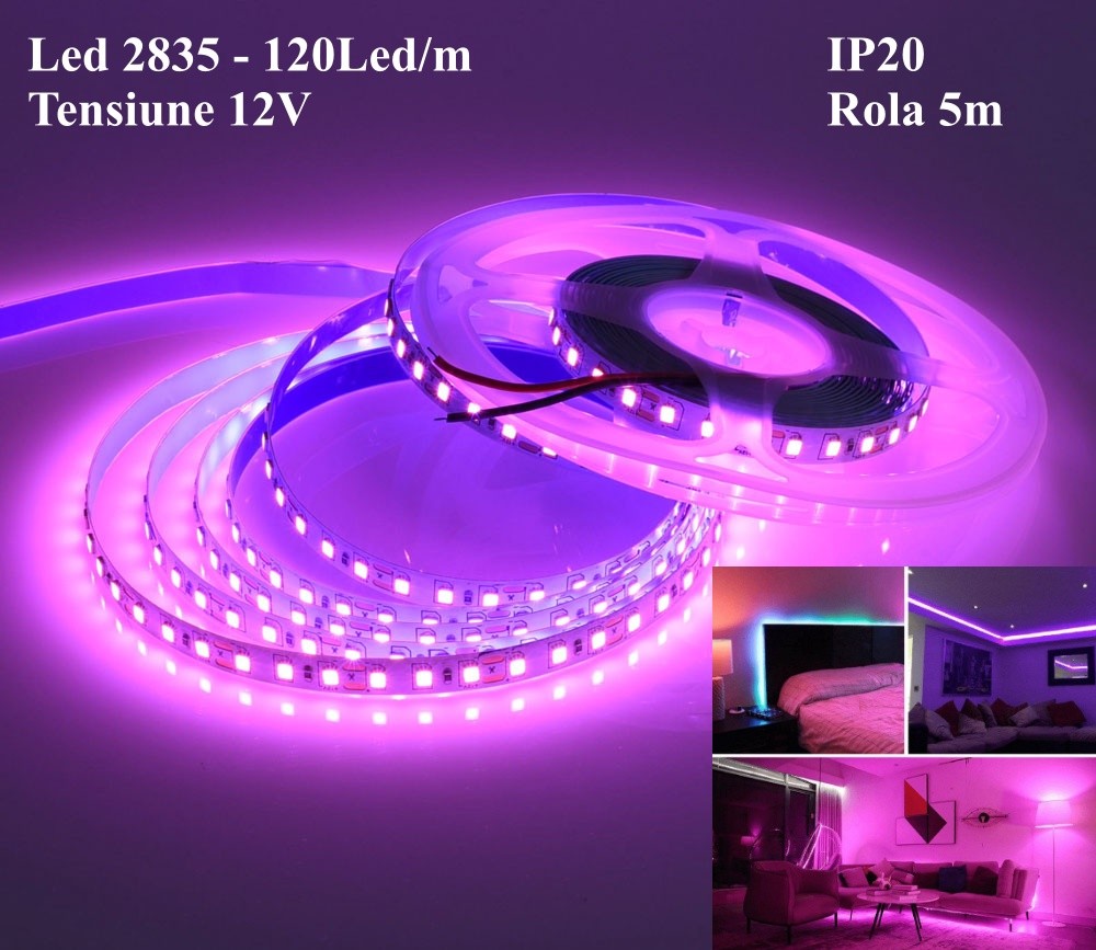 Banda Led 2835 - Roz-Pink 120led/m, IP20 - Rola/5m - Frize
