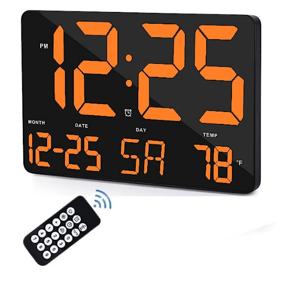 Ceas Digital de Masa si de Perete cu Lumina Led Portocaliu, Calendar, Temperatura, Alarma, Termometru, Functie Snooze, Luminozitate Adjustabila, 25x16cm - Frize