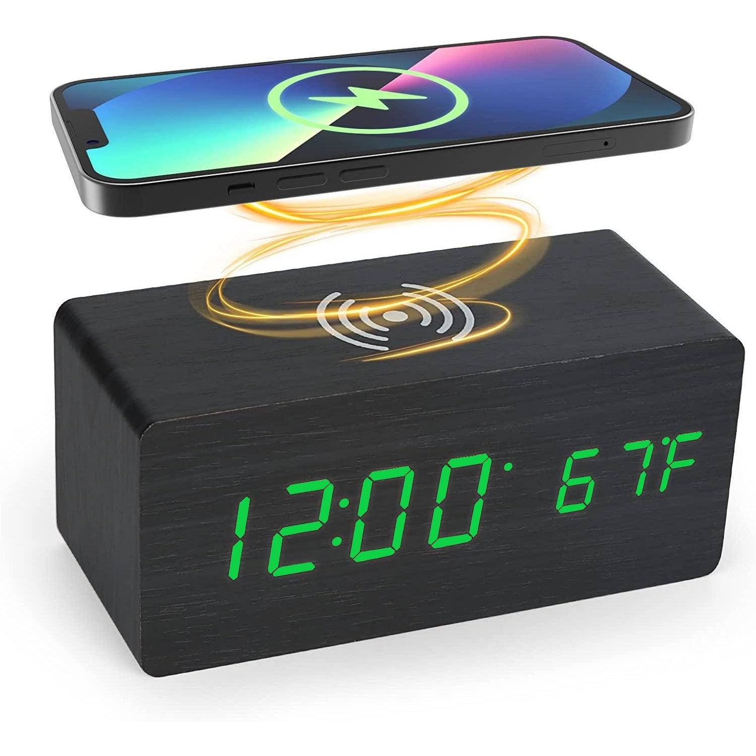 Ceas Digital de Birou cu Incarcare Wireless, 3 Variante de Culori, Temperatura, Alarma, Comanda Vocala, 3 Trepte de Lumina, 170x81x71 mm, Negru - Ceasuri Moderne