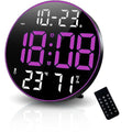 Digital Table and Wall Clock with Purple Led Light, Calendar, Temperature, 2 Alarms, Thermometer, Snooze Function, 5 Levels of Intensity, Remote Control, Humidity Display, 30cm