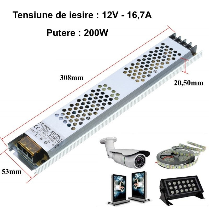 Sursa de Alimentare Slim 12V-200W / 16,7A - Frize